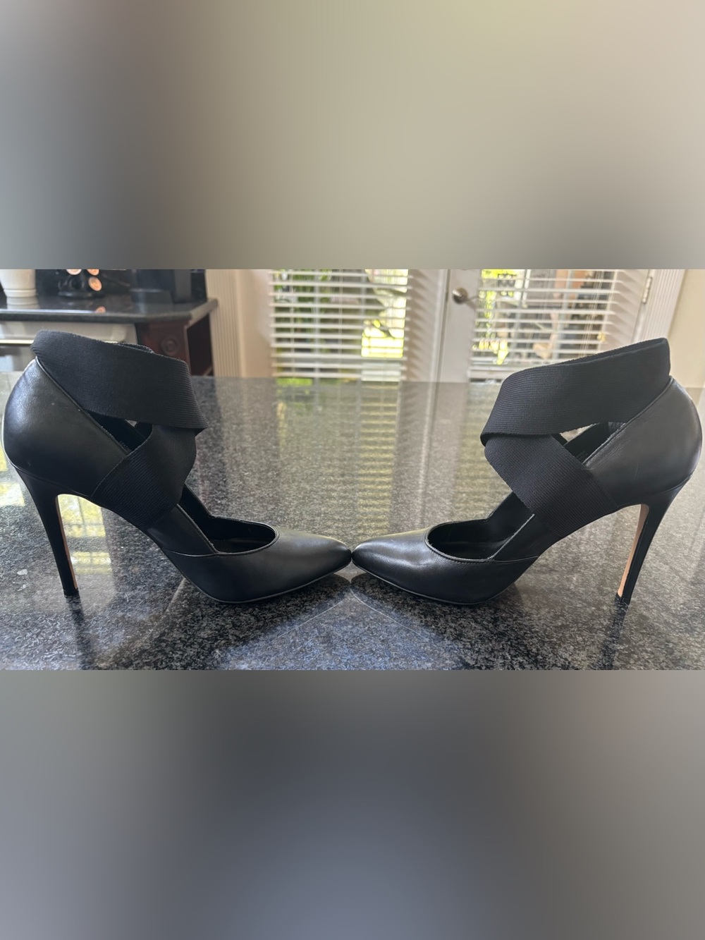 Black Leather Pointed-Toe Stiletto Heels with Crisscross Ankle Straps